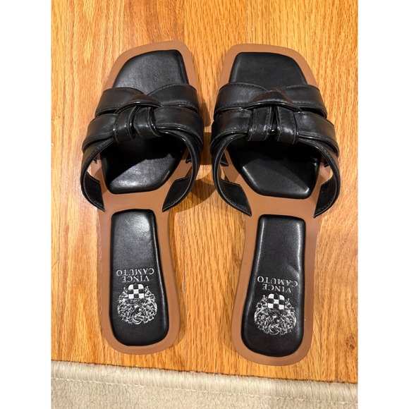 Vince Camuto Shoes - Vince Camuto Black Knot Slide Sandals Square Toe Flat Womens 9.5M Leather